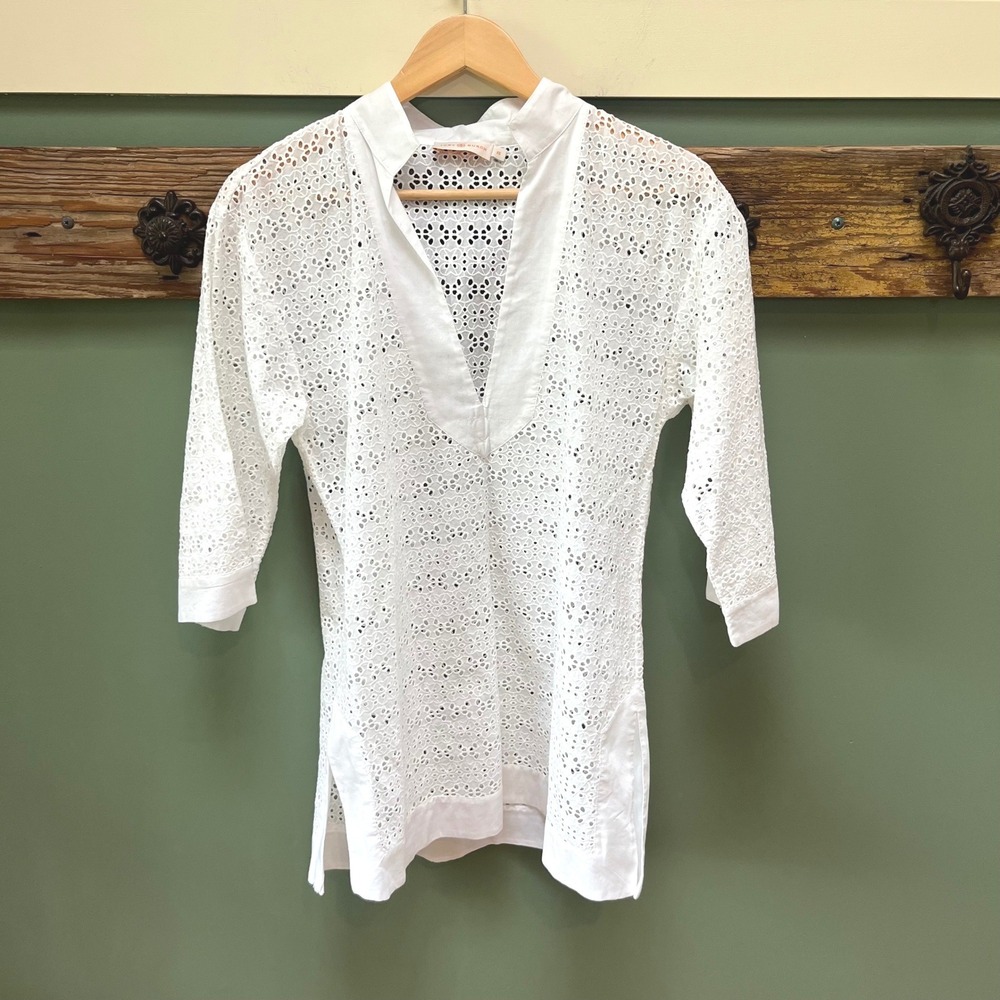 Tory Burch White Cotton Eyelet Tunic Top Floral Embroidery 3/4 Sleeve XS